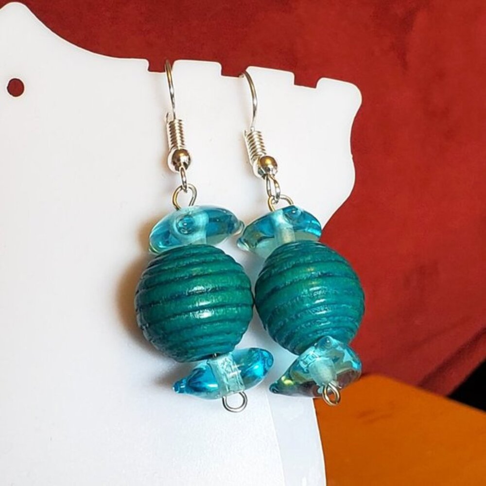 Silver Tone Hook Teal Wood Bead Glass Bead Earring